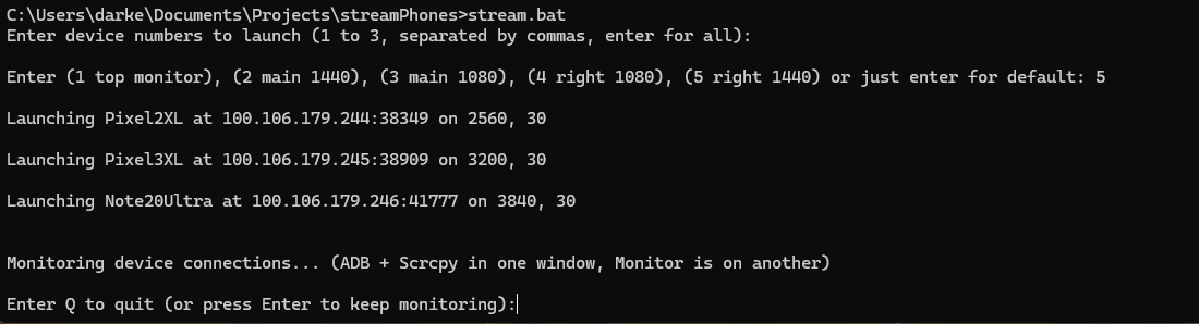 Streamphones command line prompt for launch and device selection